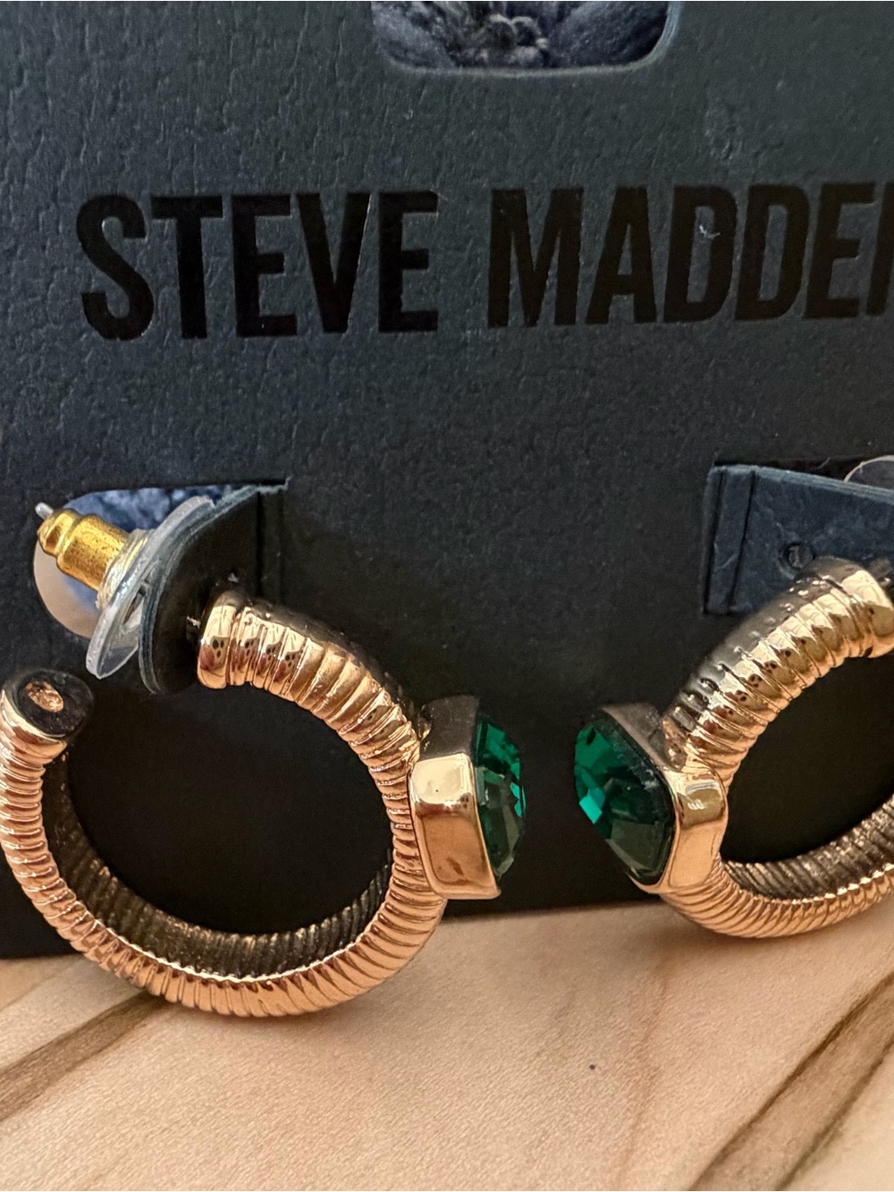 Steve Madden Gold Hoop Earrings with Green Gem Accents